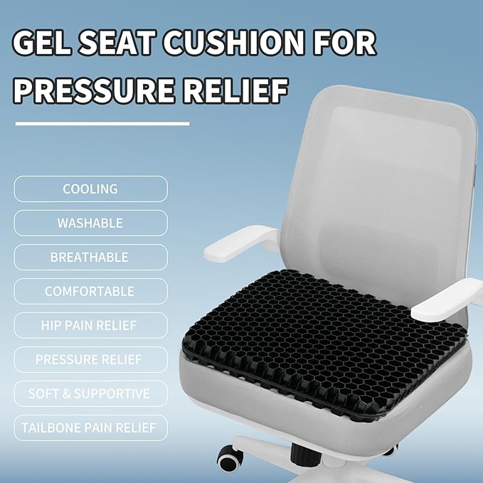 Gel Seat Cushion for Long Sitting - 16.5" x 14.5" x 2.4" (Extra Thick&Soft) Gel Cushion for People Over 180 lbs, Pressure Relief Cushion for Office Chair, Egg Cushions for Wheelchair, Gel Pad for Car