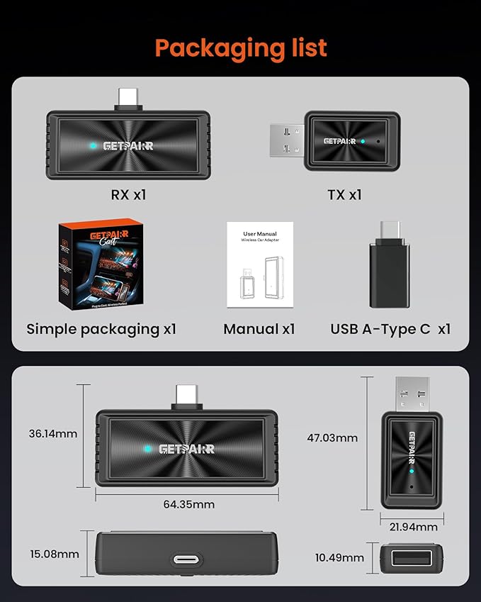 Wireless CarPlay Adapter & All-Platform Wireless Screen Mirroring GETPAIRR Cast- No Lag Streaming for iOS/Android, Dual Connection, WiFi 6/Bluetooth 5.4, Plug & Play, OTA Update (2025 Newupgrade)