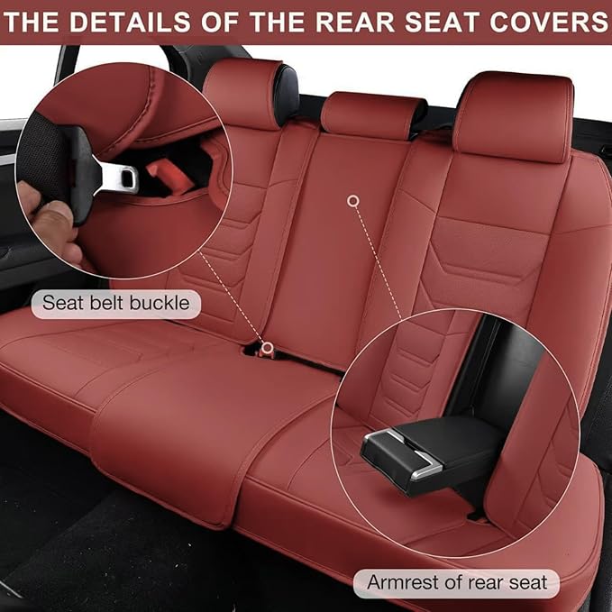 Wine Red Car Seat Covers Full Set, Breathable Leather Automotive Front and Rear Seat Covers & Headrest for Comfortable Driving, Universal Auto Interior Fit for Most Kinds of Vehicles, Cars