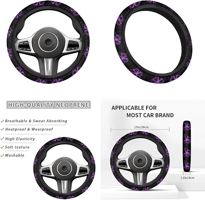 Butterfly Car Interior Accessories Purple Butterfly Car Steering Wheel Cover for Women Cup Coaster Handbrake Gear Cover Suit for Most Cars Truck Vans SUV 6pcs