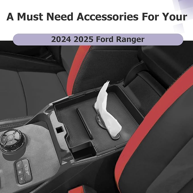 LUWU 2025 Ranger Center Console Organizer Compatible with 2024 2025 Ford Ranger Console Organizer Tray Ranger XL/XLT/Lariat/Raptor Armrest Storage w/Tissue Box 2024 2025 Ford Ranger Accessories 2PCS