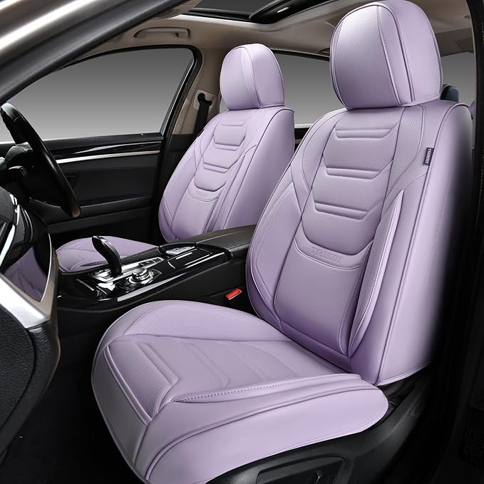 Leather Car Seat Covers Full Set with Lumbar Support, Waterproof Car Seat Cover, Universal Seat Covers for Cars, Trucks, SUVs, Sedans, Airbag Compatible, Front Pair and Rear, Purple