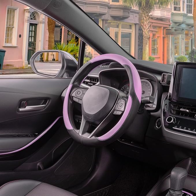 SEG Direct Car Steering Wheel Cover for Women Men, Standard Size 14.5-15 inch (37-39 cm), Auto Interior Accessories, Black and Radiant Orchid