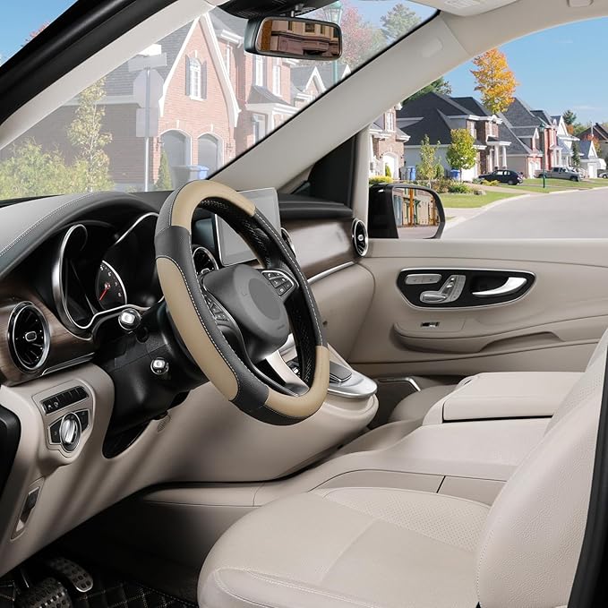 SEG Direct Car Steering Wheel Cover Universal Standard Size 14.5-15 inch, Black and Beige Microfiber Leather