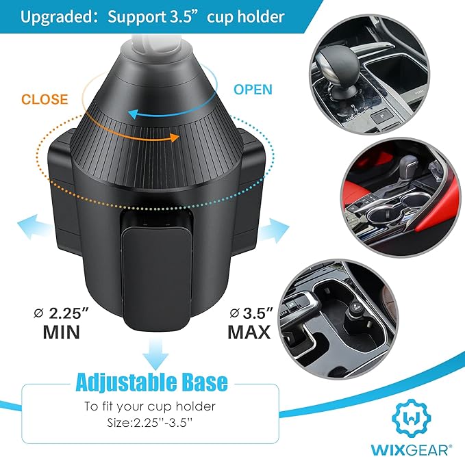 WixGear Cup Holder Phone Mount with Adjustable Neck, Cellphone Holder for Car, Upgraded Cup Phone Holder for Car, Compatible with iPhone, Samsung, Google, Expandable Side Arm, Sturdy Base