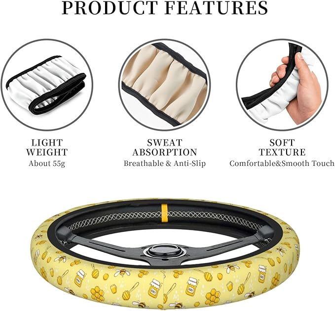 Dujiea Bees Honey Elastic Stretch Steering Wheel Cover, Anti-Slip and Durable Car Steering Wheel Accessories for Women Men, 15 Inch Universal Fit Car, Truck, SUV