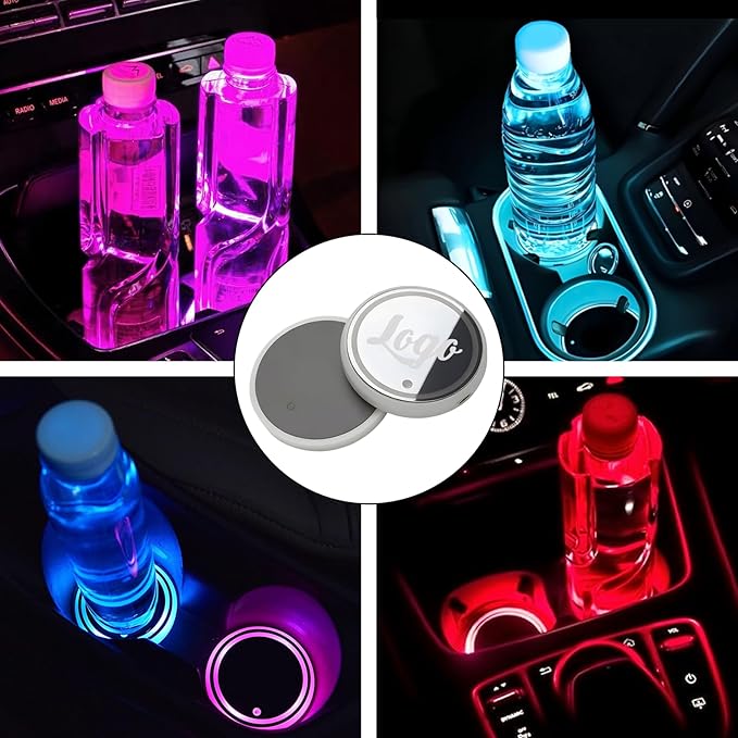 2PCS Personalized Led Cup Holder Lights for Car Custom Car Light Up Coasters for Drinks with Logo Customized Led Car Coasters Accessories 7 Colors