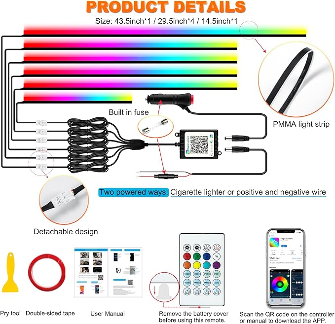 Acrylic LED Lights - Interior Car Ambient Lighting Kits with Dynamic Rainbow Dream Color Chasing, Music Sync (6 in 1(4 * 29.5+43.3+14.5 inches))