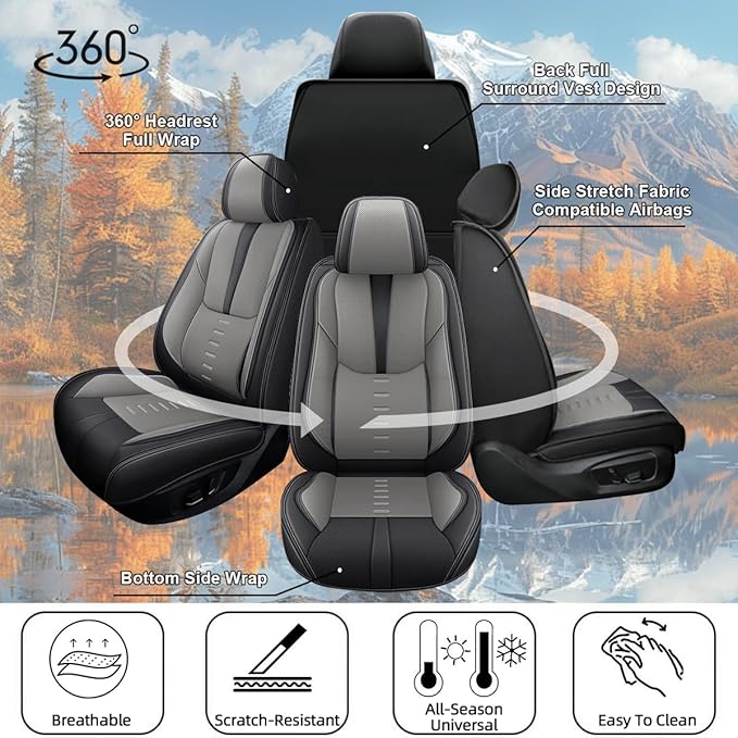 Seat Covers Fit for Chevrolet/Chevy Traverse 2018-2024 2025 2 Front Seat Covers Breathable 3D Lumbar Support Faux Leather Protector Car Seat Covers (Black & Grey)