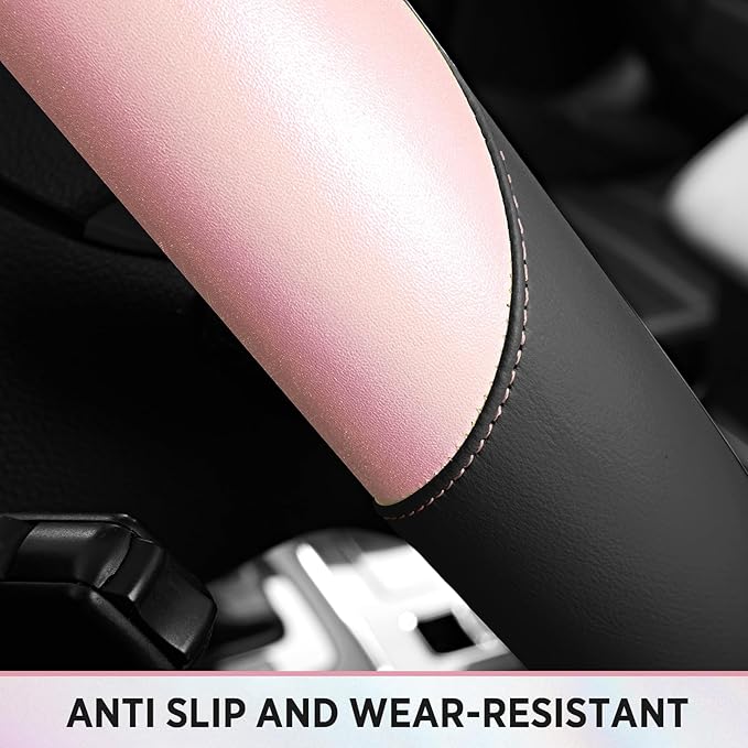 Road Comforts Steering Wheel Cover – Breathable Leather Steering Wheel Cover, Anti-Slip Grip, Universal Fit 14.5” to 15”, Heat & Cold Resistant for Cars, SUVs, and Trucks – Black & Shining Pink