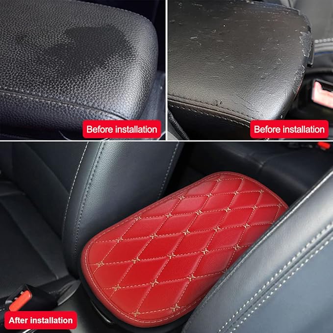 Auto Center Console Pad, PU Leather Car Center Console Box Cushion, Non Slip Soft Armrest Seat Box Cover, Waterproof Vehicle Armrest Protector for SUV, Truck, Car (Rhombic Lattice Red/Beige)