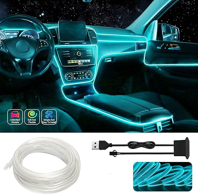 ABALDI El Wire Neon Light Car Interior LED Lights, Ambient Lighting Kits for Xmas Halloween Christmas Car Decoration(5m/16ft, Ice Blue)