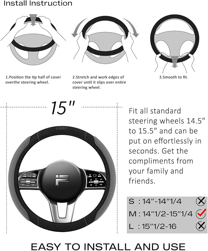 Skechers Steering Wheel Cover,14.5-15 Inch Universal Memory Foam Car Steering Wheel Covers Breathable Anti-Slip Steering Wheels Accessories for Men Women (Black & Grey)