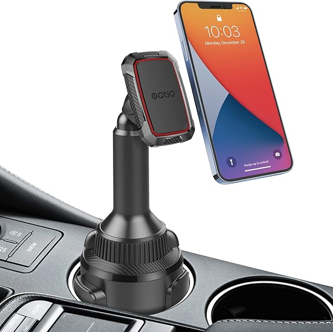 OQTIQ Magnetic Phone Cup Holder for Car - Adjustable Height & Multi-Angle - One-Hand Operation - Compatible with Samsung, Google, & More - Black, Not for MagSafe