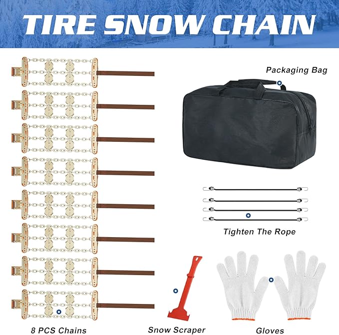 LILYPELLE Upgraded Snow Chains 8 Pack, Tire Chains for Cars/SUVs/Pickup Trucks, Emergency Anti Slip Tire Traction Chains for Tire Width 215-285mm