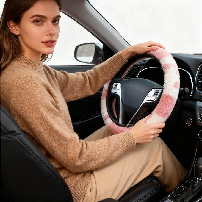 Pink Cow Fuzzy Steering Wheel Cover for Women, Universal Auto Steering Wheel 14-15 Inch Soft Warm Car Interior Accessories with 2PCS Car Coasters, Suitable for Men and Women