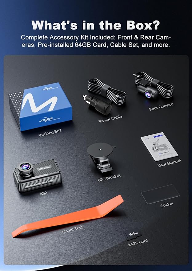JOMISE 4K Dash Cam Front and Rear, 64GB Card Included, 5.8GHz WiFi Dash Camera for Cars, Built-in GPS, G-Sensor, 180°Wide Angle, 3" IPS Screen Car Camera, 24H Parking Mode, Support 512GB Max