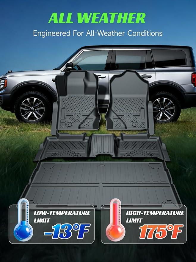 TPE All-Weather Floor Mats Cargo Liner for Ford Bronco 4 Door 2021-2025(Not for Bronco Sport) | Custom Fit Floor Liners Trunk Mat,1st & 2nd Row & Cargo Liner, Easy to Clean (4-Piece Set, Black)