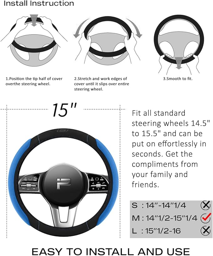 Skechers Steering Wheel Cover, Memory Foam Car Steering Wheel Cover,14.5-15inch Anti-Slip Safety Comfortable Desgin, Universal Accessory for Diverse Cars, Truck,SUV (Black & Blue)