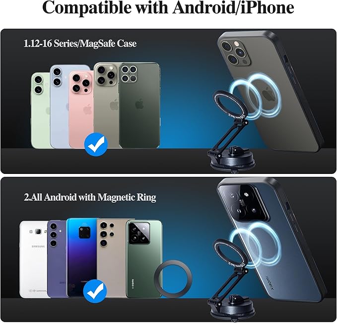 WIWU for MagSafe Car Mount Magnetic Phone Holder 360°Rotation Suction Cup Phone Mount for Car Foldable Adjustable Stable Cradle Compatible with iPhone 16/15/14/13/12 Series Android