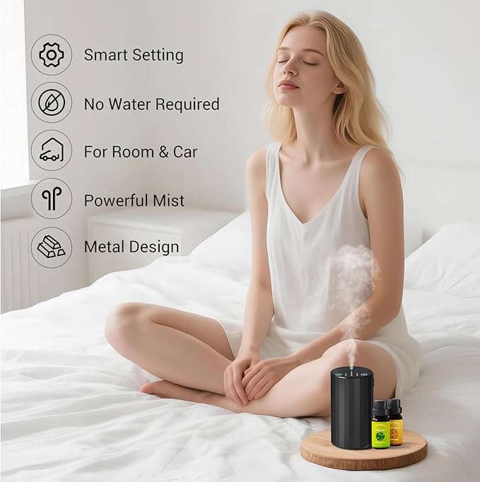 Waterless Essential Oil Diffuser Aromatherapy Scent Diffusers for Home Large Room, Bedroom, Car, Office, Desk, Battery Operated Mini Portable Air Freshener, 3 Countdown Timers & 3 Mist Levels
