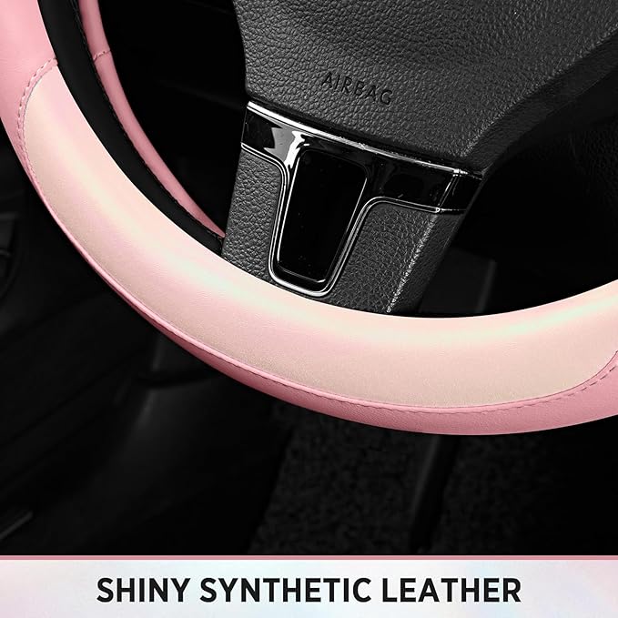 Road Comforts Steering Wheel Cover – Breathable Leather Steering Wheel Cover, Anti-Slip Grip, Universal Fit 14.5” to 15”, Heat & Cold Resistant for Cars, SUVs, and Trucks – Shining Pink & Pink