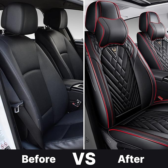 Universal Leather Seat Cover for Cars - Front and Rear Auto Protector, Wear-Resistant Cushion for 5 Seats With Headrest (Black & Red)