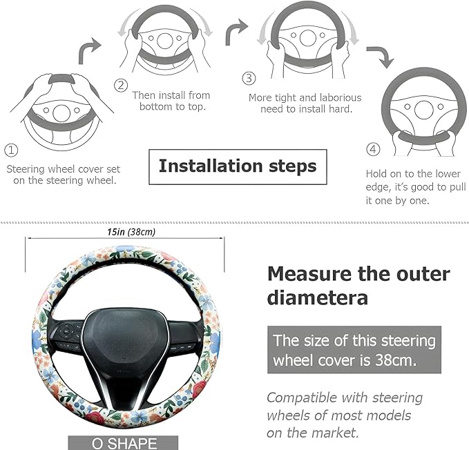 Wild Rose Steering Wheel Cover Auto Jacquard Steering Wheel Protector, Anti-Slip, Breathable, Absorbing Sweat, Universal Car Accessories 14.5–15 inch,Fit for Most Car, Trucks, SUV