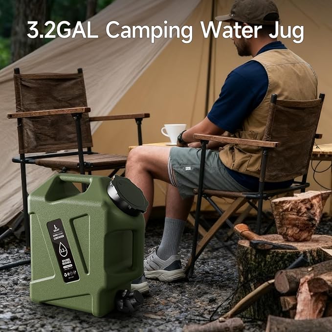 3.2GAL Camping Water Jug, Portable Water Storage Container with Spigot, Leak-Proof Lid & Dual Handles, Outdoor Water Tank for Camping, RV, Emergency Preparedness