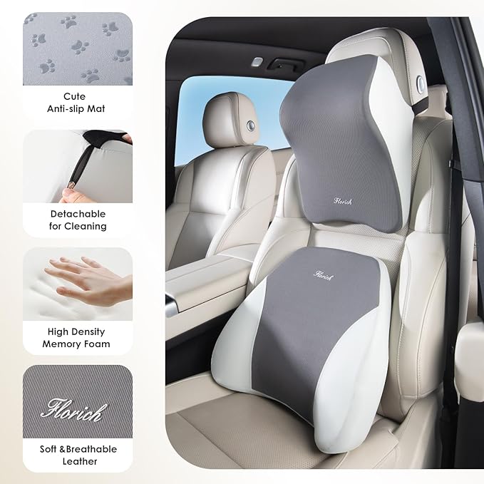 FLORICH Lumbar Support and Car Neck Pillow, Back Support and Headrest Pillow for Car Seat Driver, Memory Foam Back Neck Support Pillow and Car Seat Lumbar Support for Car Office Chair - Grey