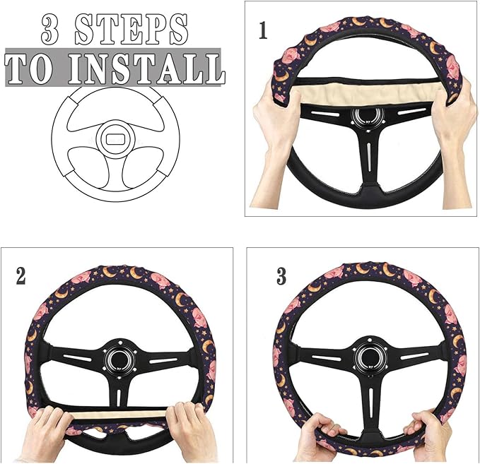 Sleeping Cut Pig Moon Steering Wheel Covers Anti-Slip Elasticity Car Accessories Steering Wheel Protector Universal 15 Inch for Cars SUV Vehicle Truck
