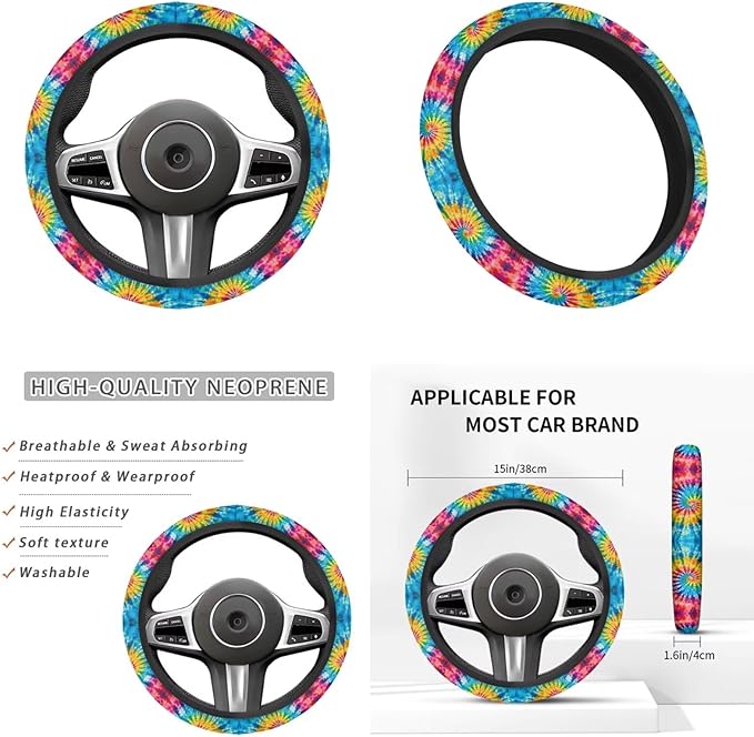 Tie Dye Car Accessories for Women Fashion Hippie Steering Wheel Cover Car Handbrake Cover,Cup Mat 6 Pcs Auto Interior Decor Suit for Vans Truck SUV