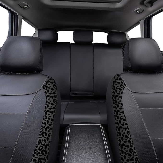 Flying Banner Carbon Fiber Leather Vehicle Seat Covers, Leopard Gray Black, Universal Fit - 8PCS