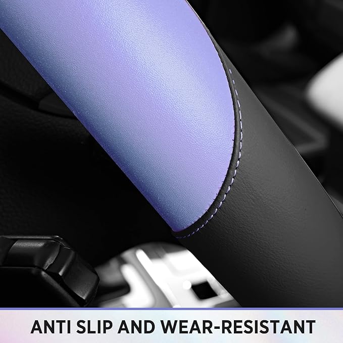 Road Comforts Steering Wheel Cover – Breathable Leather Steering Wheel Cover, Anti-Slip Grip, Universal Fit 14.5” to 15”, Heat & Cold Resistant for Cars, SUVs, and Trucks – Black & Shining Purple