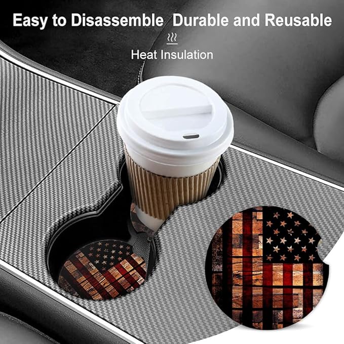Old Wood USA Flag Absorbent Cup Holders Car Coasters,Ceramic Stone Drinks Coaster Set for Women Man 2.56"(2 Pack)