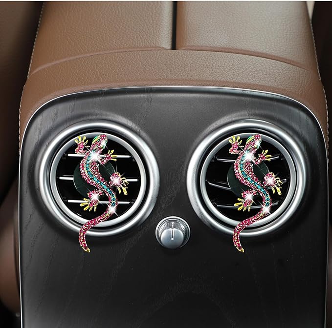 2 Pcs Bling Pink Gecko Car Air Freshener Accessories - Crystal Rhinestone Decor, Cute Car Vent Clip Diffuser