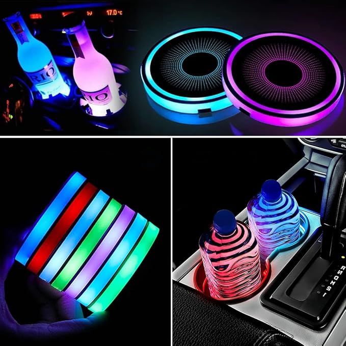 2 Pcs LED Car Cup Holder Lights, USB Charging, 7 Colors, Luminescent Car Coasters