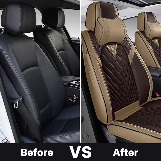 Leather Car Seat Cover Full Set, Waterproof and Protector, Brown&Beige, 5 Seat Cushion, Fits Most Cars