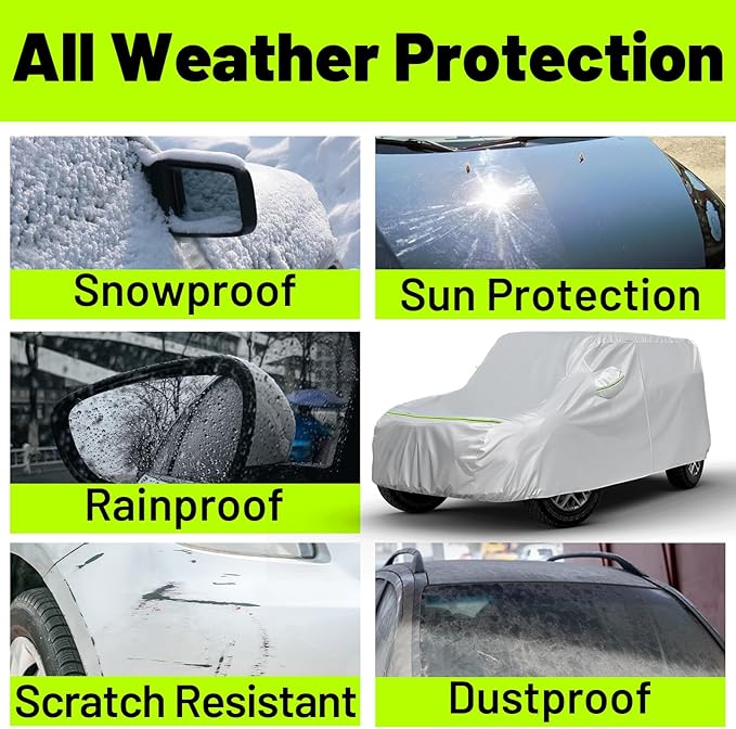 Favoto Car Cover All Weather - for Jeep Wrangler 2 Door Waterproof 6 Layers Heavy Duty Outdoor UV Rain Snow Protection with 4 Windproof Straps Zipper Universal Fit for Jeep (167"-177")