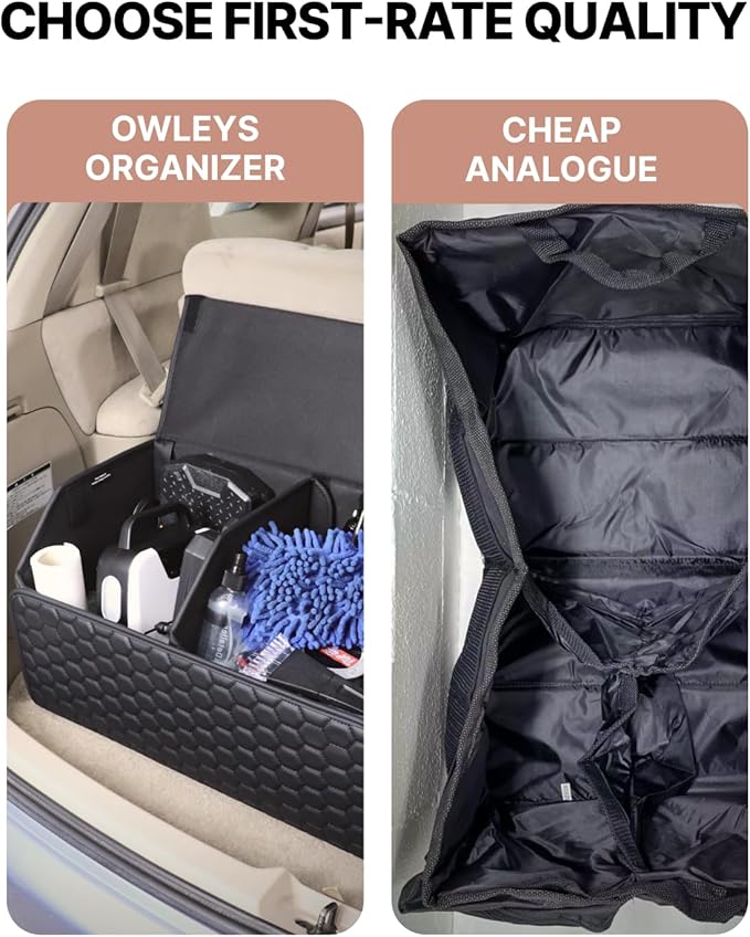 Owleys Car Storage Organizer Bundle - Two Foldable Crates For Groceries, Gear & Trips - Durable SUV And Truck Storage Set - Thoughtful Birthday Gifts For Drivers (Black 17+21)