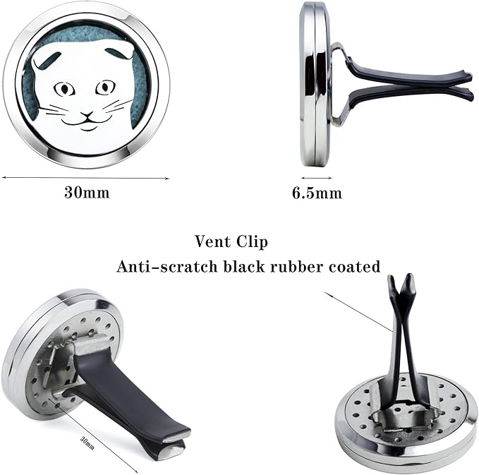 30mm Car Essential Oil Diffuser Vent Clips Air Freshener Vent Clip Aromatherapy Car Accessories 10 Felt Pads for Gift Women (Cat)