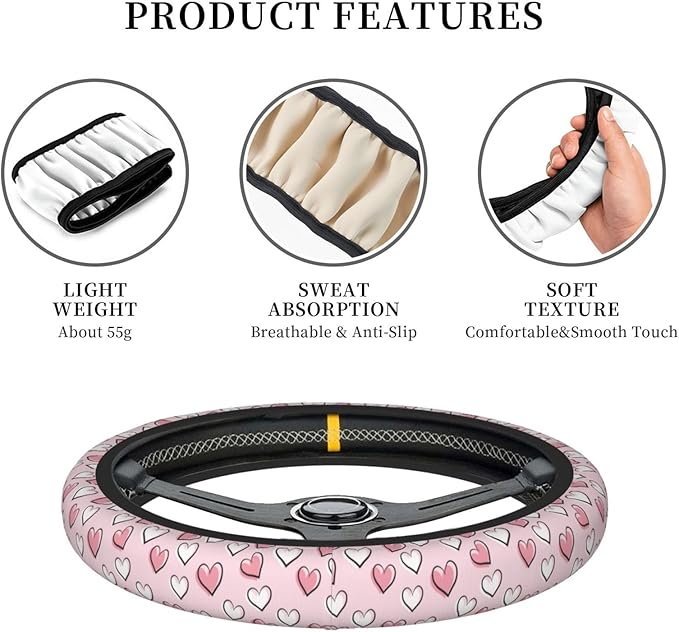 Dujiea Love Heart Elastic Stretch Steering Wheel Cover, Anti-Slip and Durable Car Steering Wheel Accessories for Women Men, 15 Inch Universal Fit Car, Truck, SUV