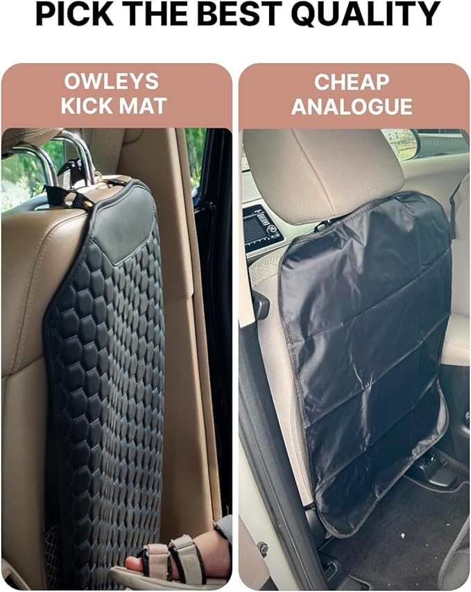 Owleys Kick Mat Back Seat Protector - Car Back Seat Cover for Kids Feet - Waterproof & Sturdy Protector for Upholstery from Dirt, Mud, Scratches and Stain (Black)