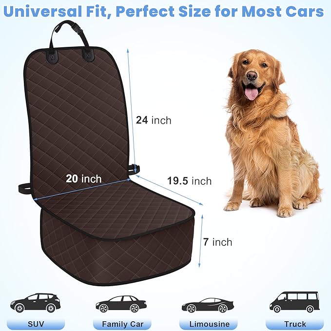 Dog Car Seat Covers, Waterproof Front Seat Cover for Dogs, Scratch-Proof, Nonslip Pet Passenger Seat Cover Protector, Universal Fit for Cars Trucks SUVs, Standard Size, Dark Coffee