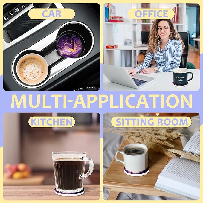 2 Pack Car Cup Holder Coaster-Purple Marble Absorbent Ceramic Coaster, Car Coasters for Cup Holders,Auto Accessories for Women & Men