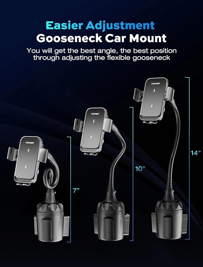 TOPGO Dual Coil Cup Phone Mount Wireless Charger, Universal Cell Phone Holder, Cup Holder 15W Fast Charging for iPhone 17 16 Pro Max, Samsung Galaxy - Black