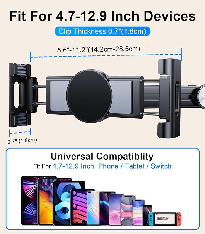 3 in 1 Extension Arm Tablet Holder for Car Headrest with Magnetic Phone Mount Compatible with Magsafe, Adjustable iPad Holder for Car Backseat Rear Facing for Kids Baby, Fit for 4.7"-13", Black