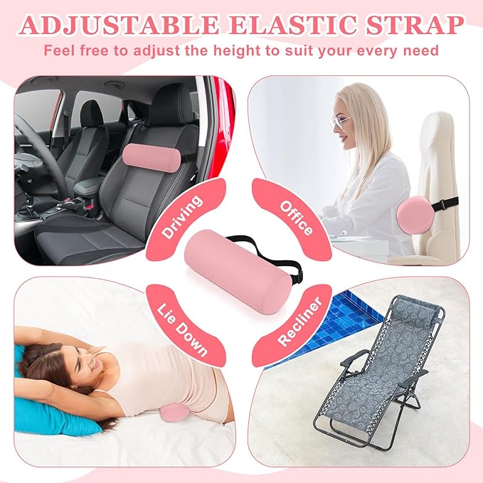 Wenqik 2 Pcs Lumbar Support Pillow Lumbar Roll Lower Pillow Office Seat Cushion with Adjustable Strap and Washable Cover for Travel Gaming Chair Car Seat Pain Relief(Pink)