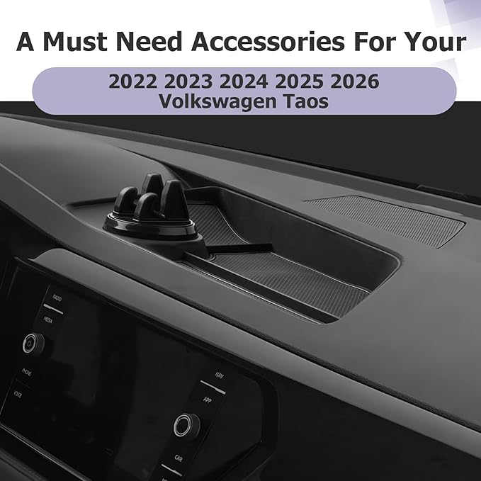 LUWU 2025 VW Taos Dashboard Storage Tray Compatible with 2022 2023 2024 2025 V olkswagen Taos Accessories Behind Screen Organizer Center Console Display Box Dash Tray with Cell Phone Holder Mount