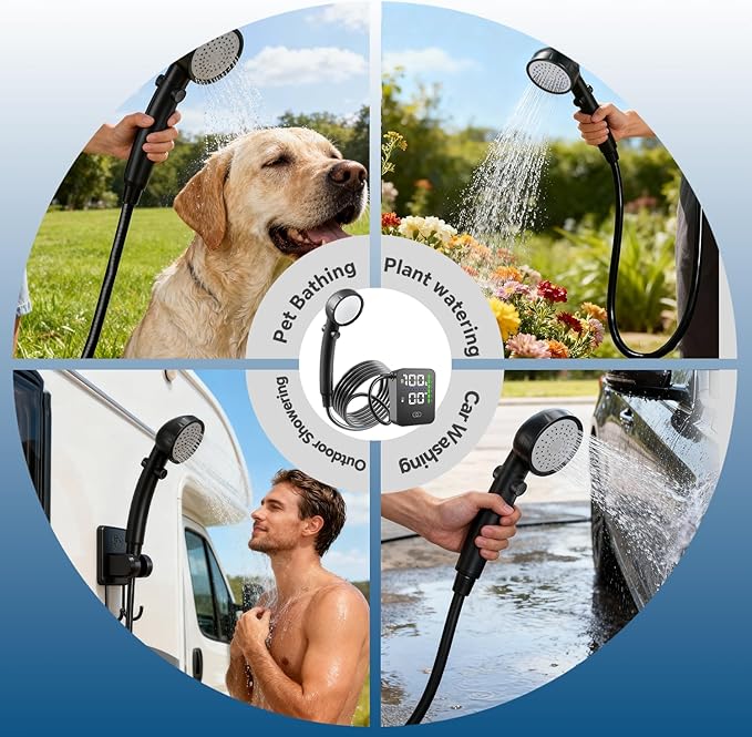 SHIJING Portable Shower with Heater,8000mAh Rechargeable Battery for Camping Shower, 6 Pressure Levels & 3 Modes for Outdoor, Pet, Car Wash,1500W Auto-Off Heater